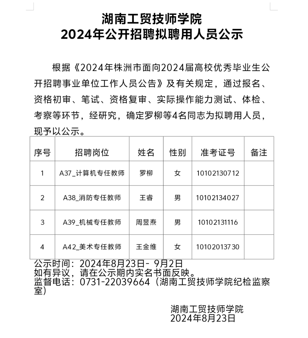 千亿体育在线2024年公开招聘拟聘用人员公示